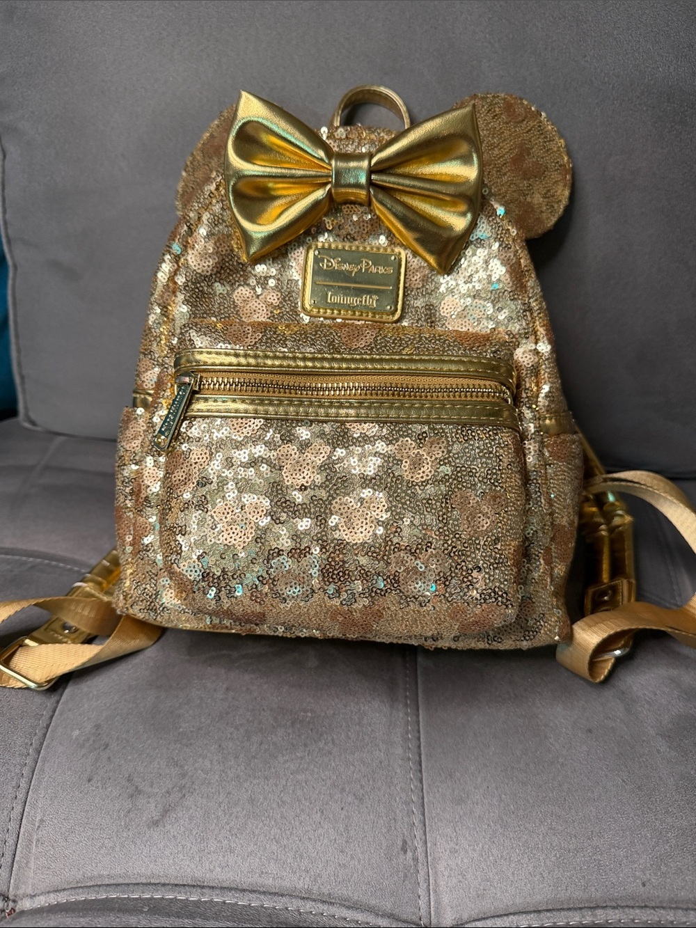 Loungefly Gold Sequin Minnie Ear Bow Mini Backpack